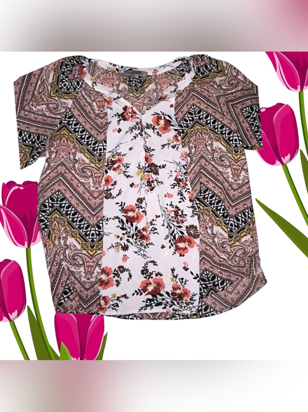 FIGUEROA Floral Blouse in Pink & Black Size Medium Like New